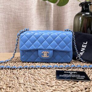 CHANEL Lambskin Quilted Mini Rectangular Flap Blue Silver Hardware